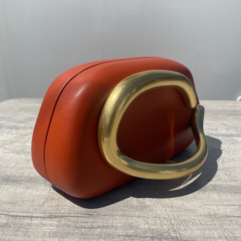 Zara Hard Shell Clutch Gold Metal Handle Burnt Orange Rust Evening- No‎ Strap